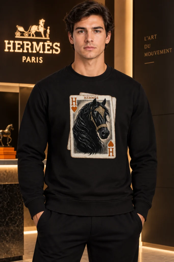 Мъжка черна блуза Hermès с принт на кон