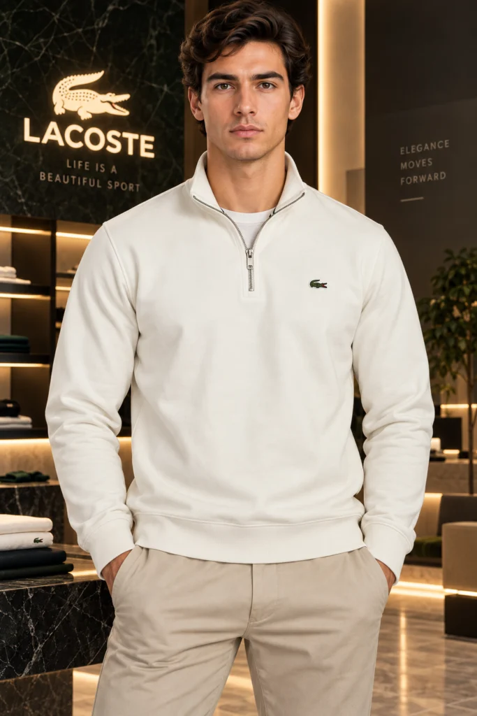 Мъжка бяла блуза Lacoste с къс цип
