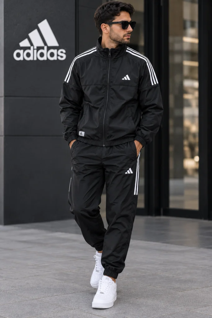 Мъжки черен спортен екип adidas с бели ленти