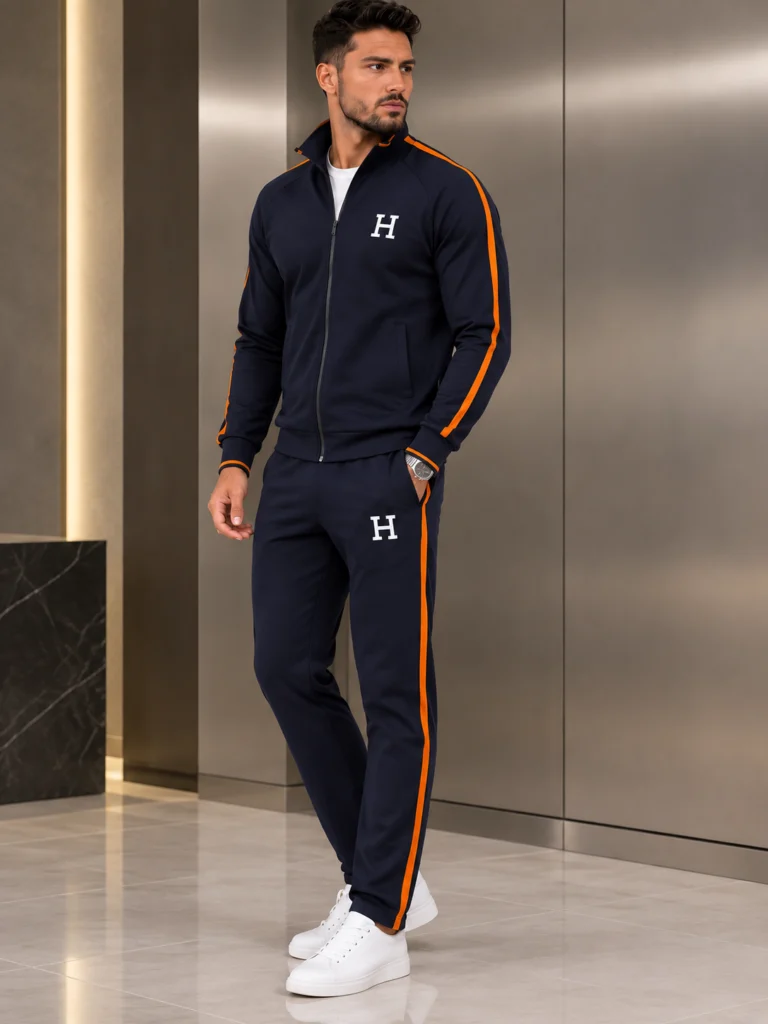 Мъжки спортен екип Hermès в тъмносиньо с оранжеви детайли